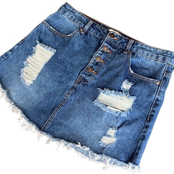 Forever 21 denim mini skirt button up fly distressed raw hem size 28 - Picture 8 of 12